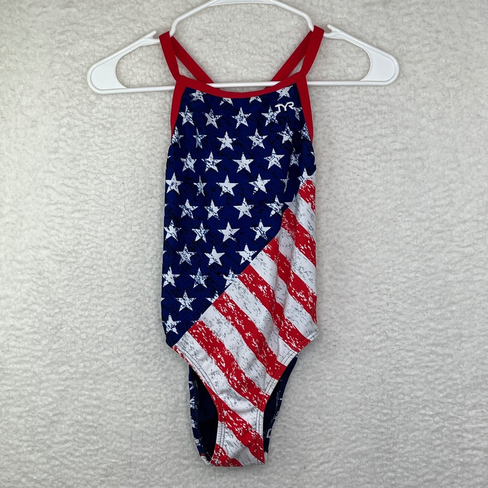 TYR One Piece Swimsuit Girls 26 Blue Excellent Patriotic Stars Stripes American